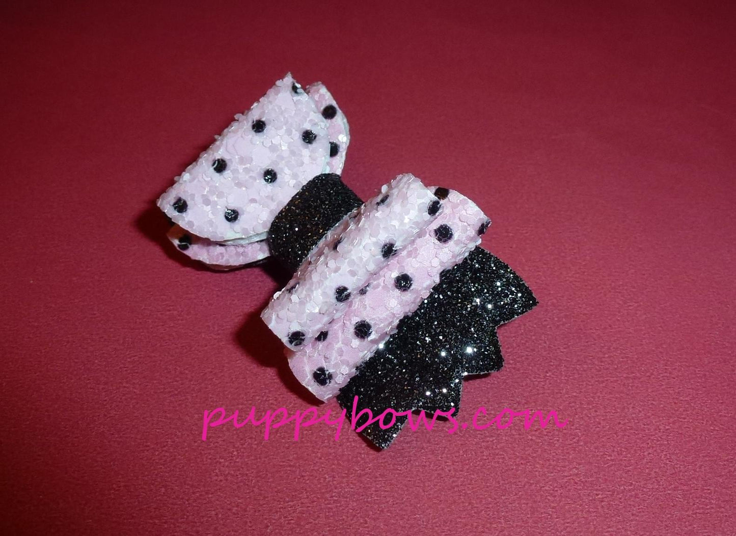 Puppy bows pink black polka dot 2" glitter dog hair bow