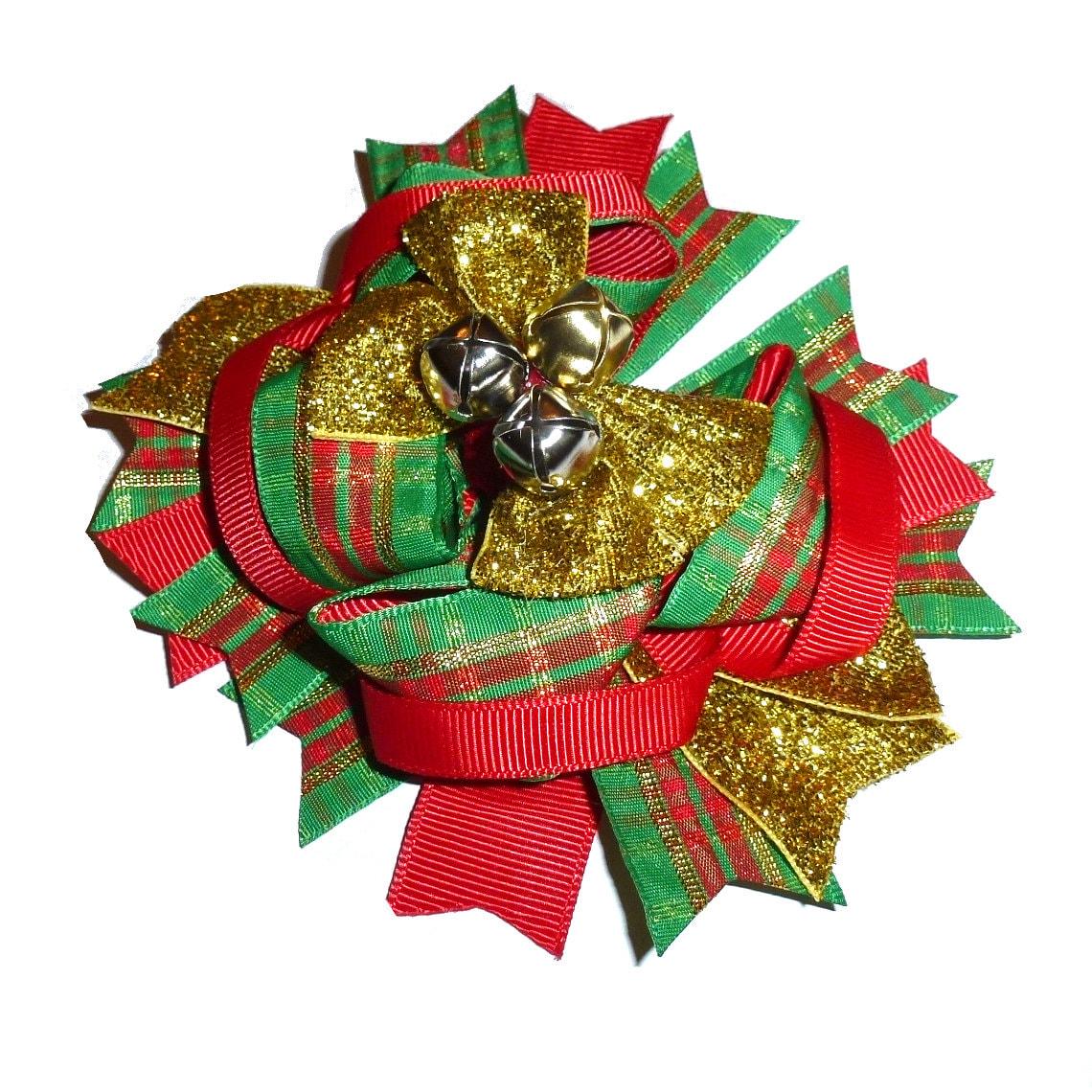 Puppy bows ~ dog collar slide bow christmas jingle bells plaid gold red/green accessory  (dc32)