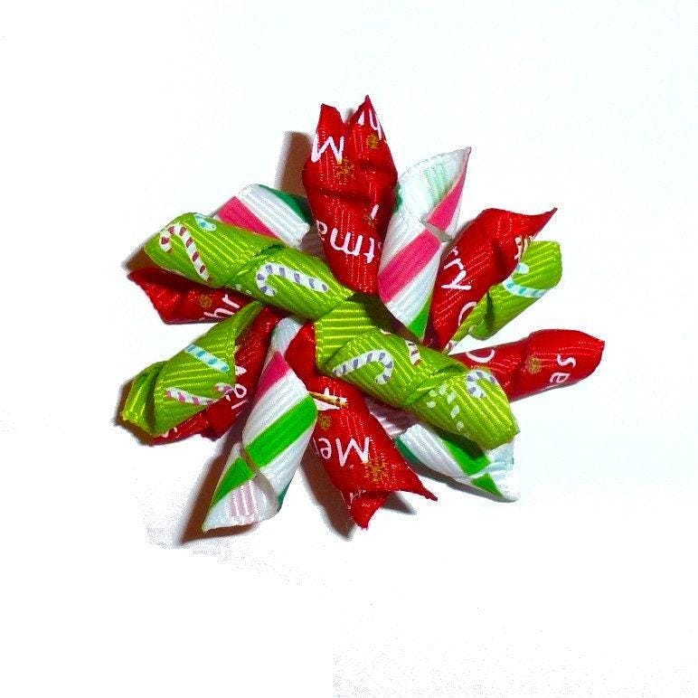 Puppy bows ~  christmas red green dots stripes candy canes dog bow korker hair barrette or bands