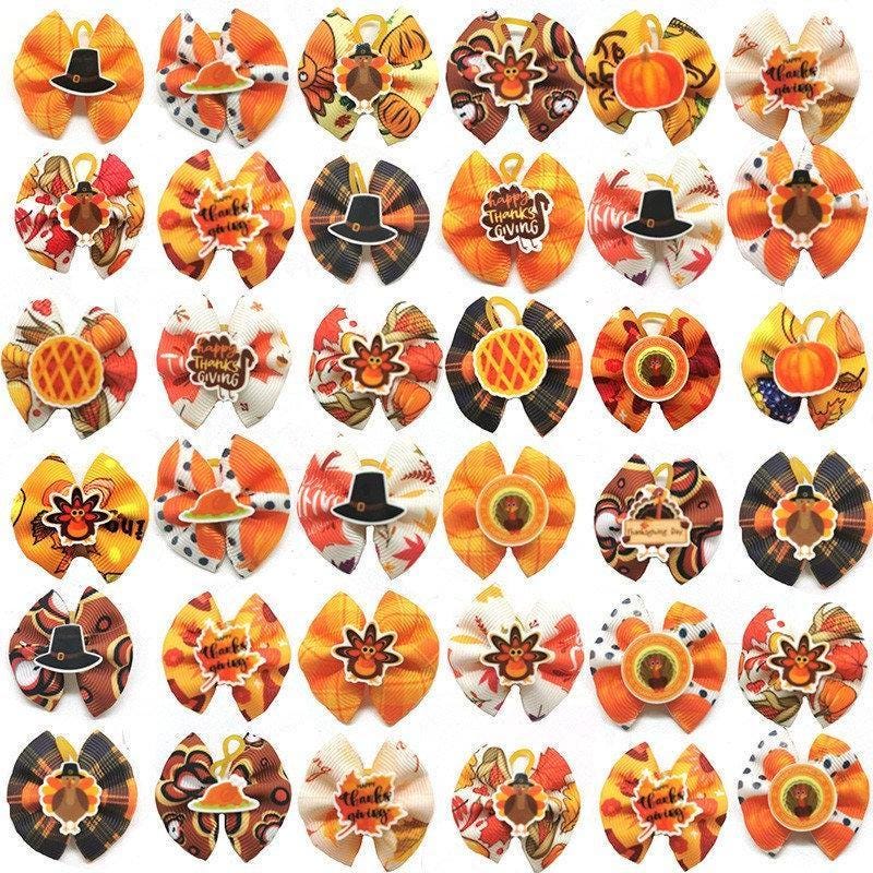 Thanksgiving turkey, leaves fall autumn pumpkin everyday dog groomers grooming pet hair bows (rc3)