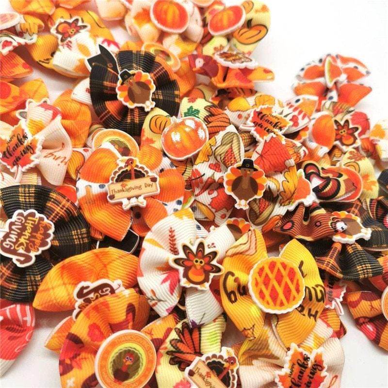 Thanksgiving turkey, leaves fall autumn pumpkin everyday dog groomers grooming pet hair bows (rc3)