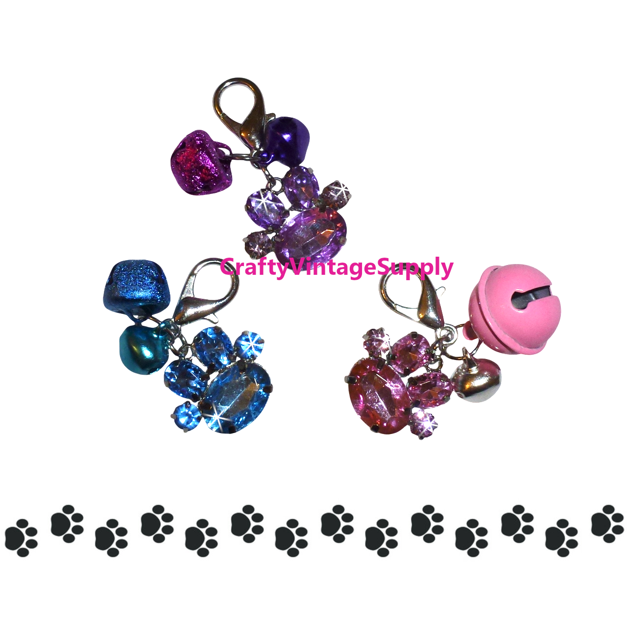 Dog cat jingle bell rhinestone paw print lobster claw collar charm clip