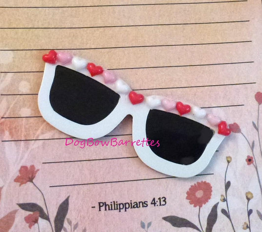 Puppy bows ~ white with tiny hearts glasses dog bow  sunglasses  pet hair barrette clip