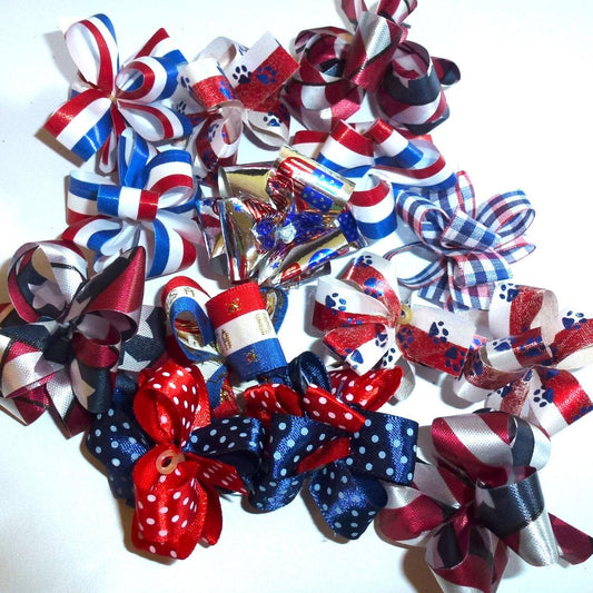 Puppy bows ~ party puffs 4th of july usa patriotic fancy dog grooming hair bow latex band  round bows