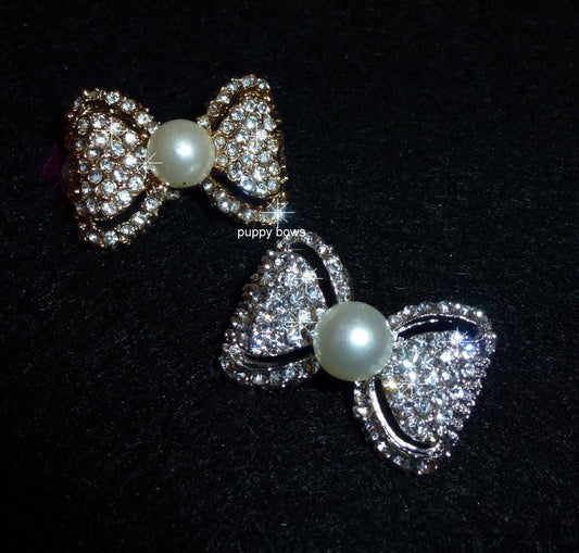 Puppy bows ~silver or gold pearl  rhinestone pet hair clip barrette bowtie shape~usa seller
