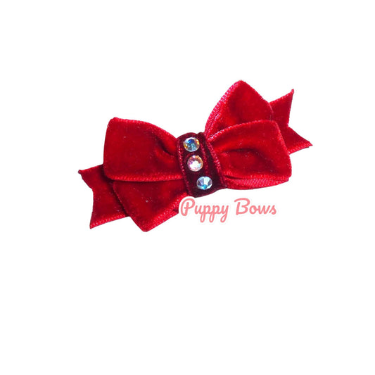 Puppy bows red velvet dog hair bow with ab rhinestones barrette or latex bands