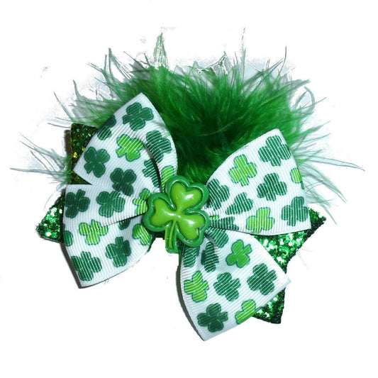 St. patrick's day green marabou feather shamrock dog collar slide accessory or  hair bows barrettes or bands (dc41)