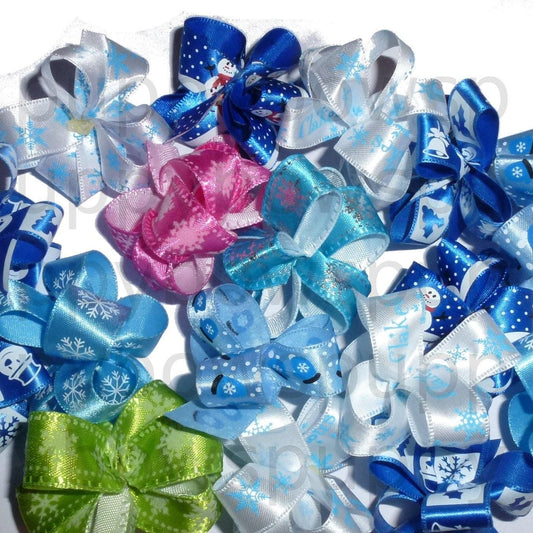 Puppy bows ~ winter snow bows blue snowflakes snowmen dog grooming hair bow