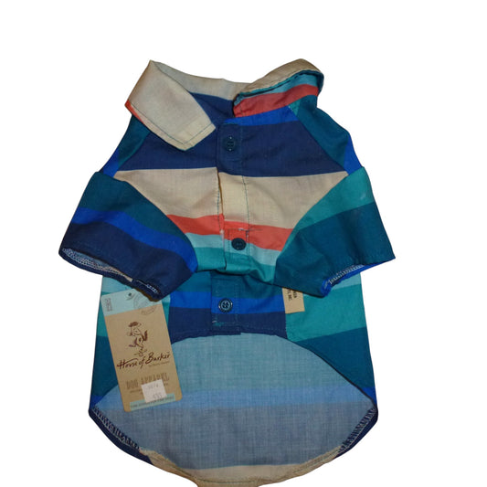 House of Barker blue  tan orange stripes Hawaiian type shirt NEW XS