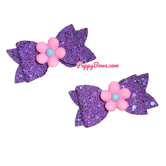 Puppy Bows ~ dog hair grooming bow purple glitter pink flowers x2! pet bows