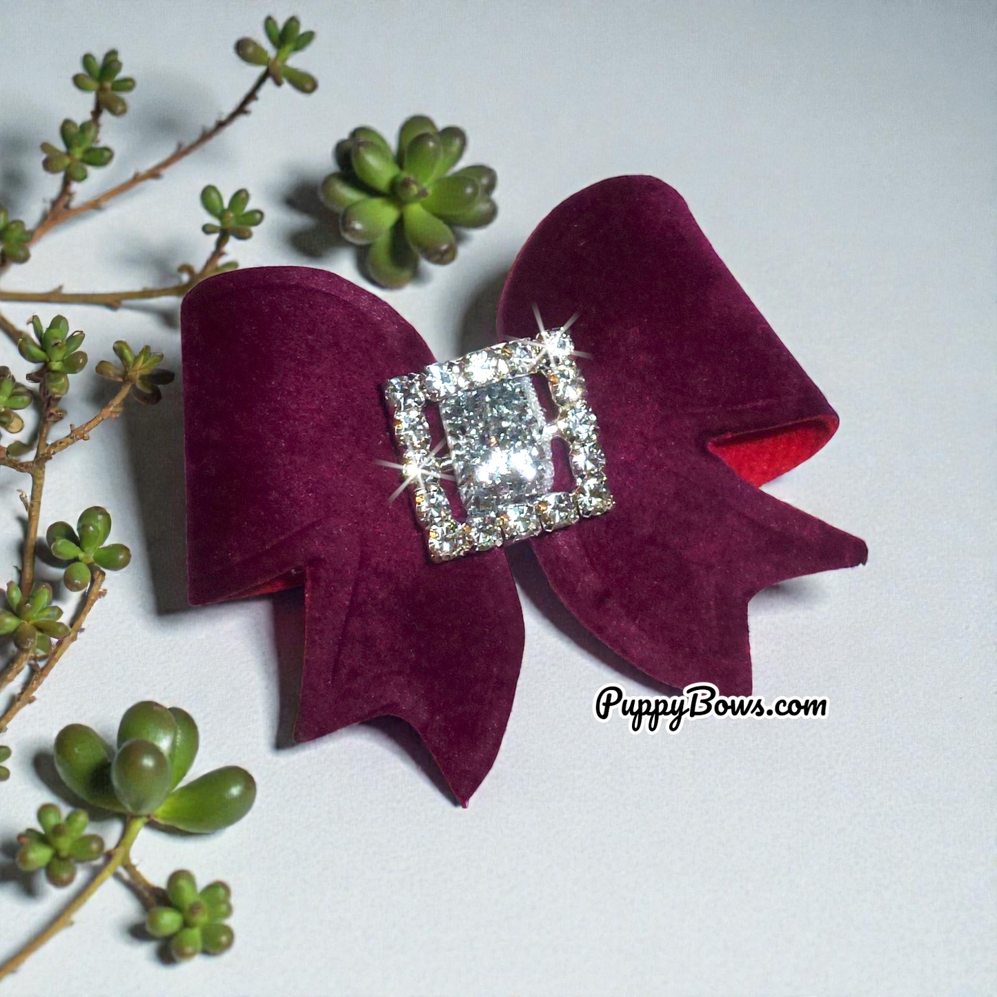 Puppy Bows ~ Red wine velvet rhinestone buckle dog pet hair bow barrettes