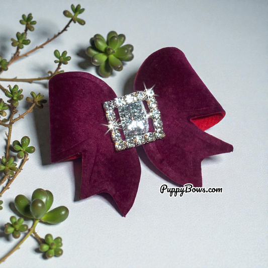 Puppy Bows ~ Red wine velvet rhinestone buckle dog pet hair bow barrettes