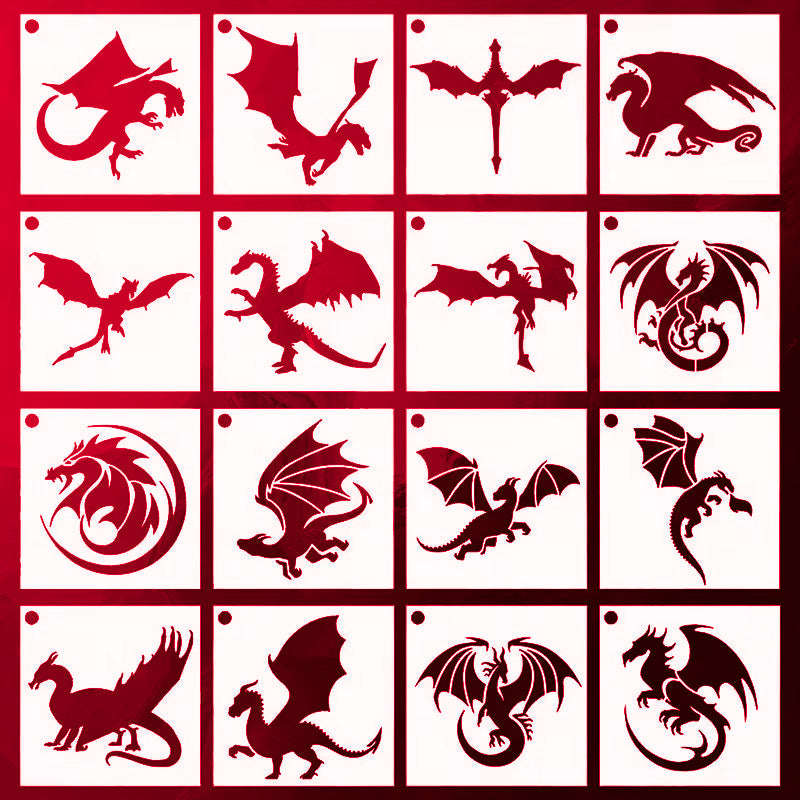 16pcs Medieval Dragons Fantasy Magic Drake Wyvern stencils for crafts DIY 3"x3"