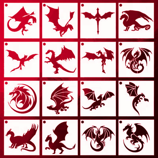 16pcs Medieval Dragons Fantasy Magic Drake Wyvern stencils for crafts DIY 3"x3"