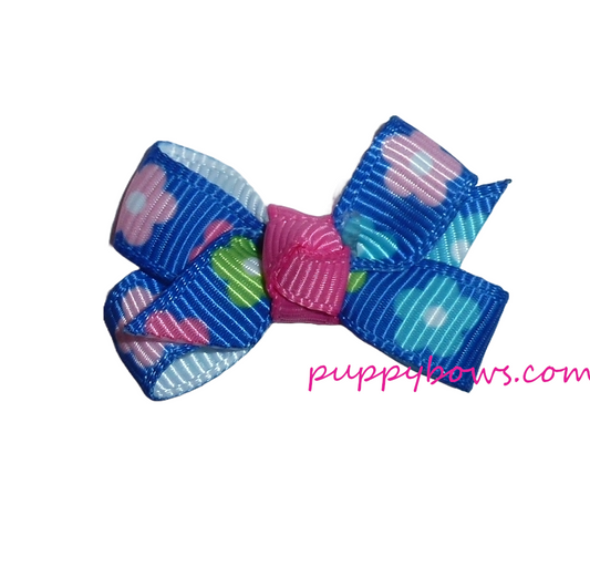 Dog hair bows small blue floral knot bow latex bands or barrette by puppybows.com