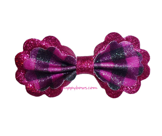 Puppy Bows ~ Purple black glitter ruffle edge hair bows   barrette or bands pet dog bow (fb163F)